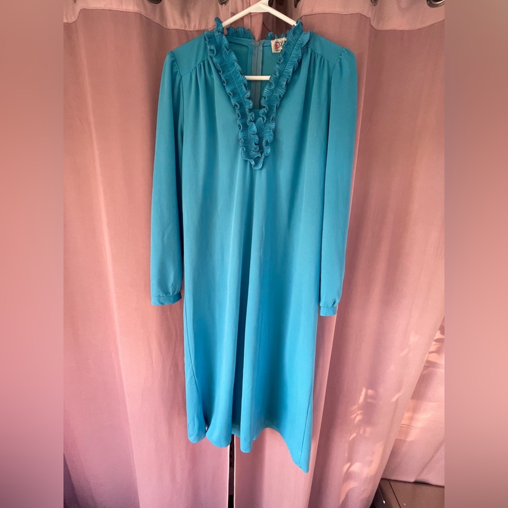 Wear this to the Disco - Sky-Blue Ruffle V-Neck Dress